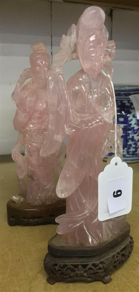 Pair rose quartz Oriental carved figures